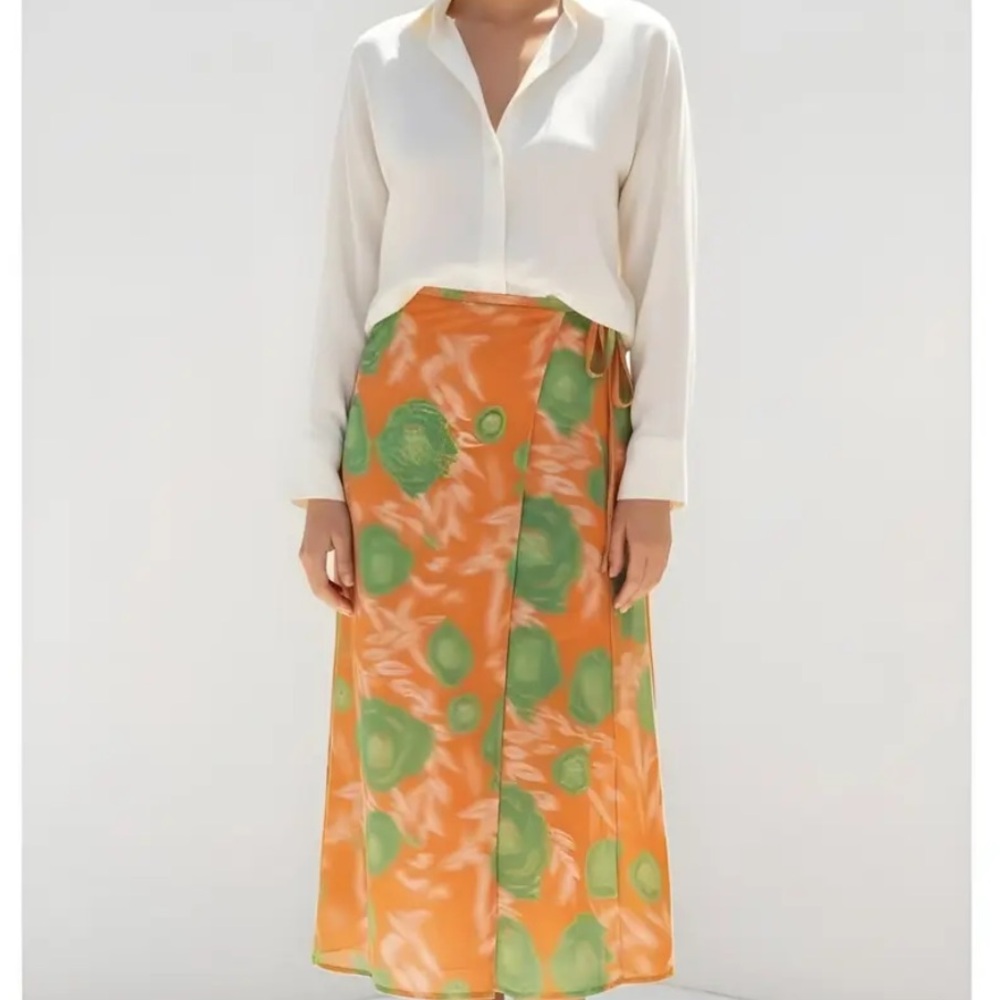 GANNI Printed Georgette Midi LIGHT CREPE WRAP SKIRT - VIBRANT ORANGE Size 4